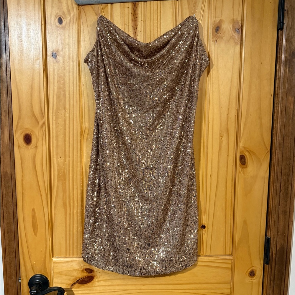 bebe Strapless Sequin Dress in Gold